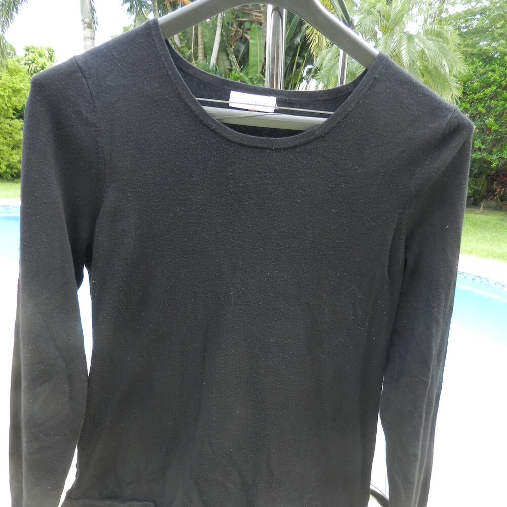 Calvin Klein Black Layered Hem Sweater Top w/ Striped Shirt Detail Women’s M